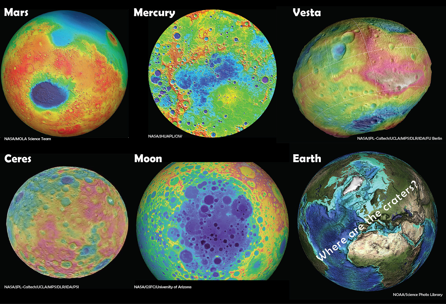 Craters on different planetary bodies